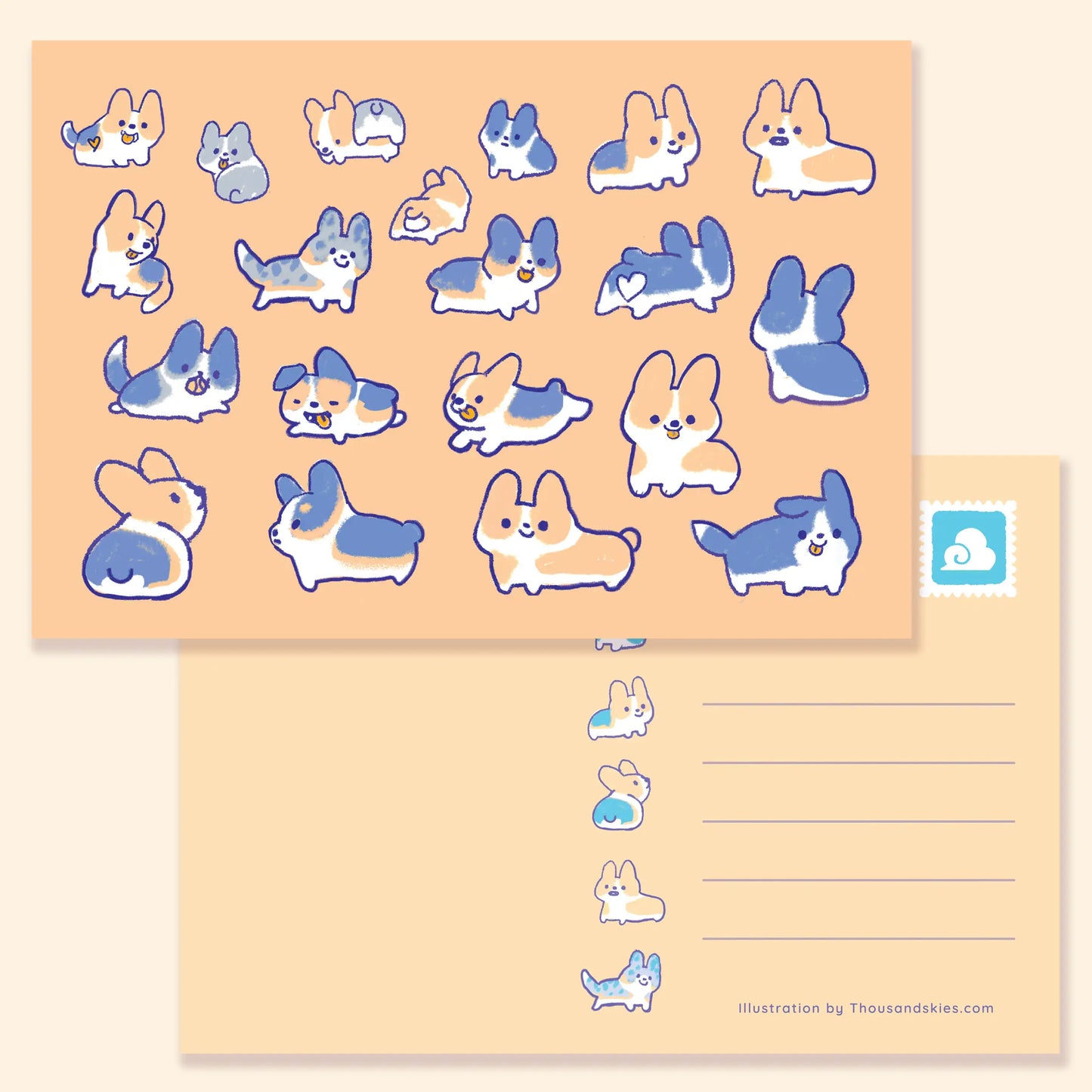 Thousand Skies postcard - lots of corgis