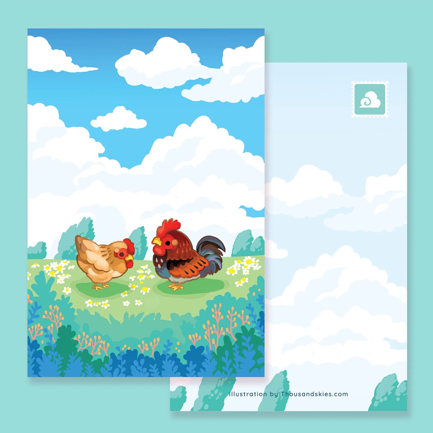 Thousand Skies postcard - rooster and hen