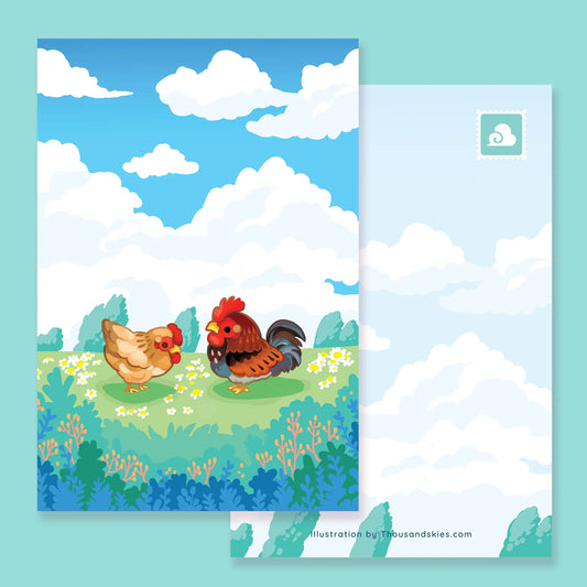 Thousand Skies postcard - rooster and hen